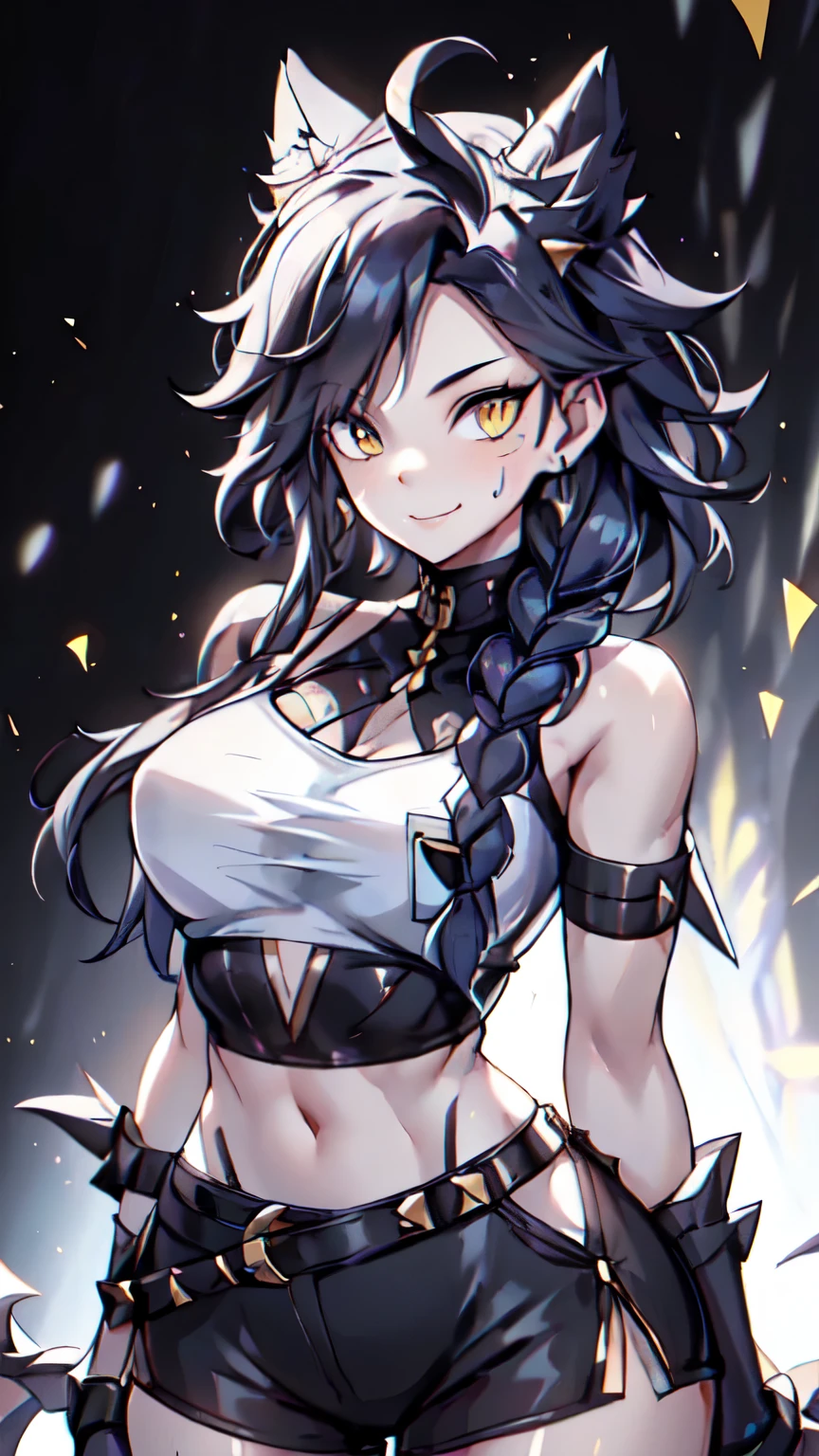 1girl, solo, ultra long hair, looking at viewer, black hair, bandaid on face, yellow eyes, smile, bandaid on nose, braid, bandaid, ultra detailed face, masterpiece, bangs, breasts, bare shoulders, scar, shirt, bare shoulders, white shirt, short sleeves, closed mouth, t-shirt, hair over one eye, portrait, bag, hair over shoulder, shorts, fullbody shot, cute, messy hair