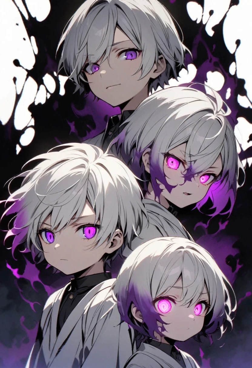 children, young, dark aura, boy, white hair, short hair, two colors eyes, one purple eyes, one pink eyes, glowing eyes