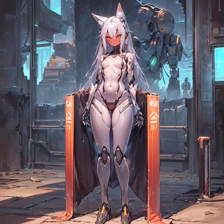 (Fox Girl, Fox Ears, Silver Hair, Fox Makeup, One Girl, Long Hair, Alone on the screen, dark skin, High definition, high resolution:1.6), (mecha musume, Machinery Parts,Robot Joints, White and red clothes, face以outside全身機械スーツ:1.8), (Body measurements are 75-60-75!, Young girl body, Small breasts, Proudly, Standing posture, slender, muscle:1.9), Avatar, face, 色っぽいface, Dominant representation, naughty face, Uplifting, Skin Texture, outside, ruins, Ruined City, Broken Building, There are no people