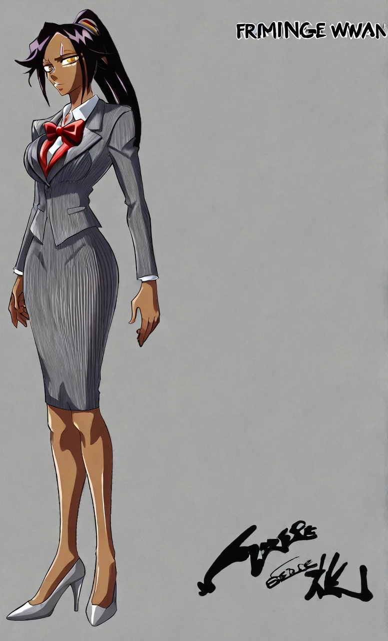 90s anime grown tall skinny black skinned female business woman in a grey pinstripe skirt suit wearing grey heels with cornrow hair full body
Pinstripe blaze and pinstripe skirt and red bow