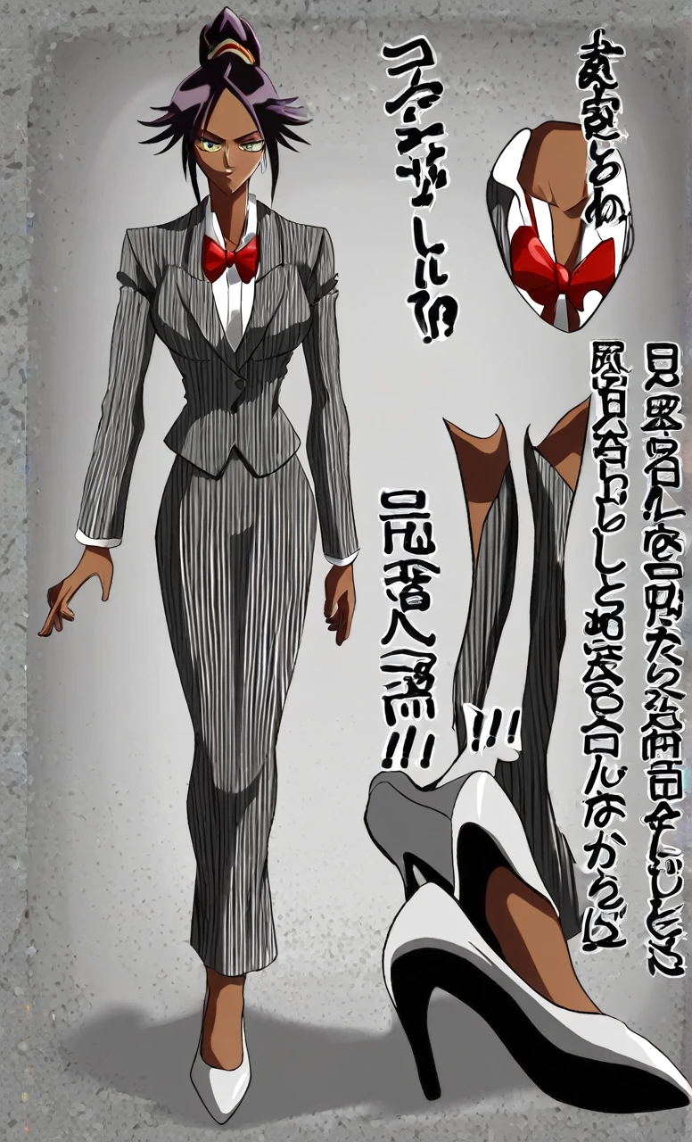 90s anime grown tall skinny black skinned female business woman in a grey pinstripe skirt suit wearing grey heels with cornrow hair full body
Pinstripe blaze and pinstripe skirt and red bow