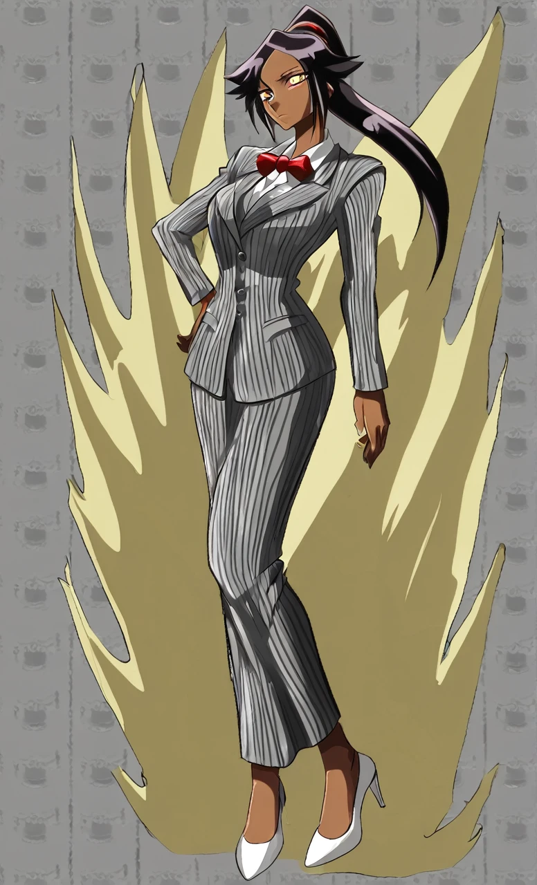 90s anime grown tall skinny black skinned female business woman in a grey pinstripe skirt suit wearing grey heels with cornrow hair full body
Pinstripe blaze and pinstripe skirt and red bow 