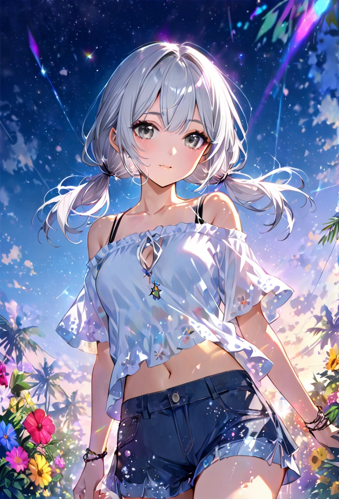 Highest quality　masterpiece　High resolution　masterpiece　Silver Hair　Grey Eyes　Low Twintails、Casual summer outfits　flowerpunk、sparkling particles of light、Vivid gradient effects