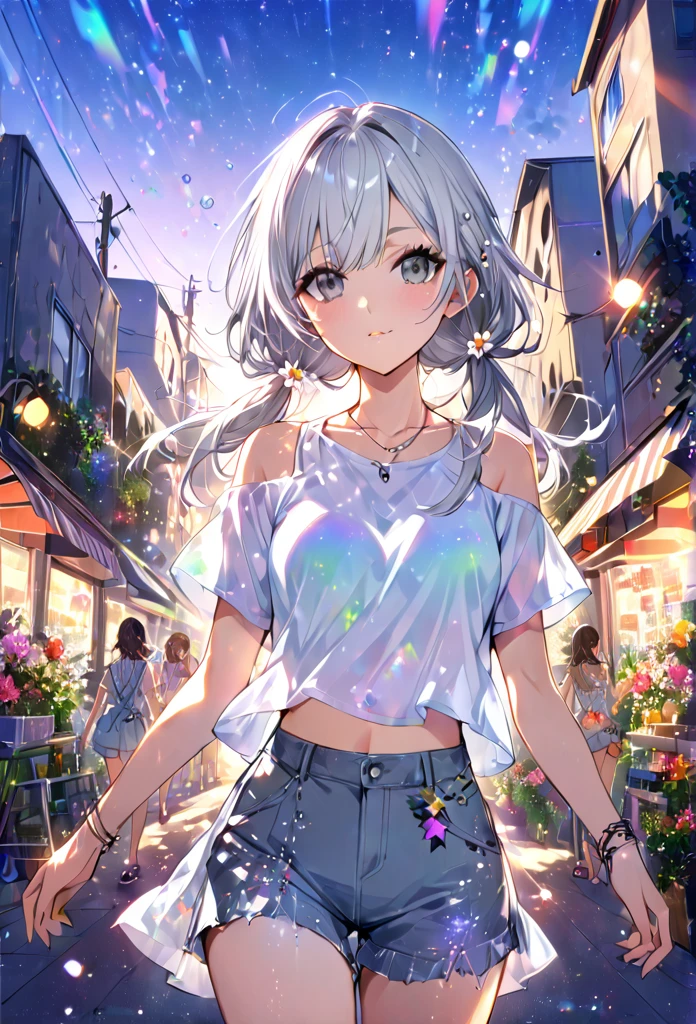 Highest quality　masterpiece　High resolution　masterpiece　Silver Hair　Grey Eyes　Low Twintails、Casual summer outfits　flowerpunk、sparkling particles of light、Vivid gradient effects