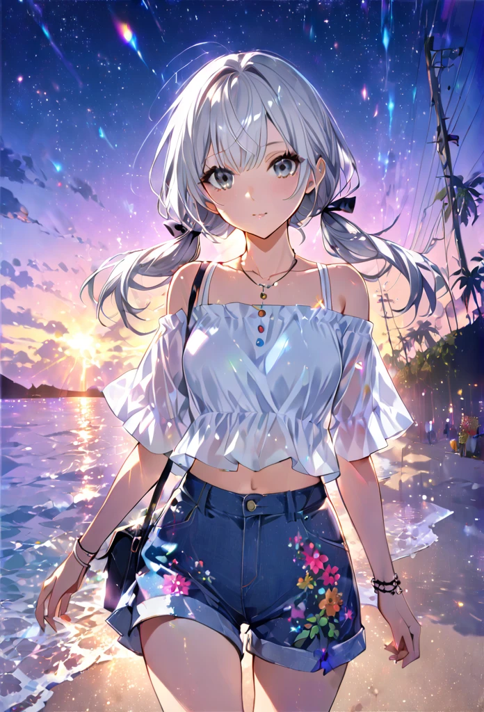 Highest quality masterpiece High resolution masterpiece Silver Hair Grey Eyes Low Twintails、Casual summer outfits flowerpunk、sparkling particles of light、Vivid gradient effects