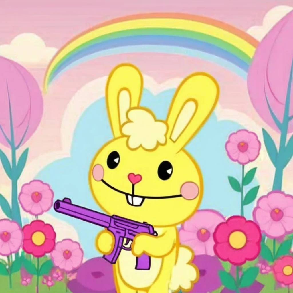cartoon, a psychopath yellow rabbit with pink sleepers, aims a gun, flowers, cute rainbow