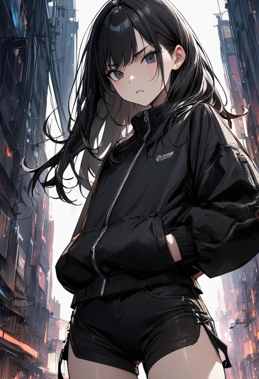 Young girl black long hair black eyes cyberpunk black windbreaker shorts high quality masterpiece sunny serious expression