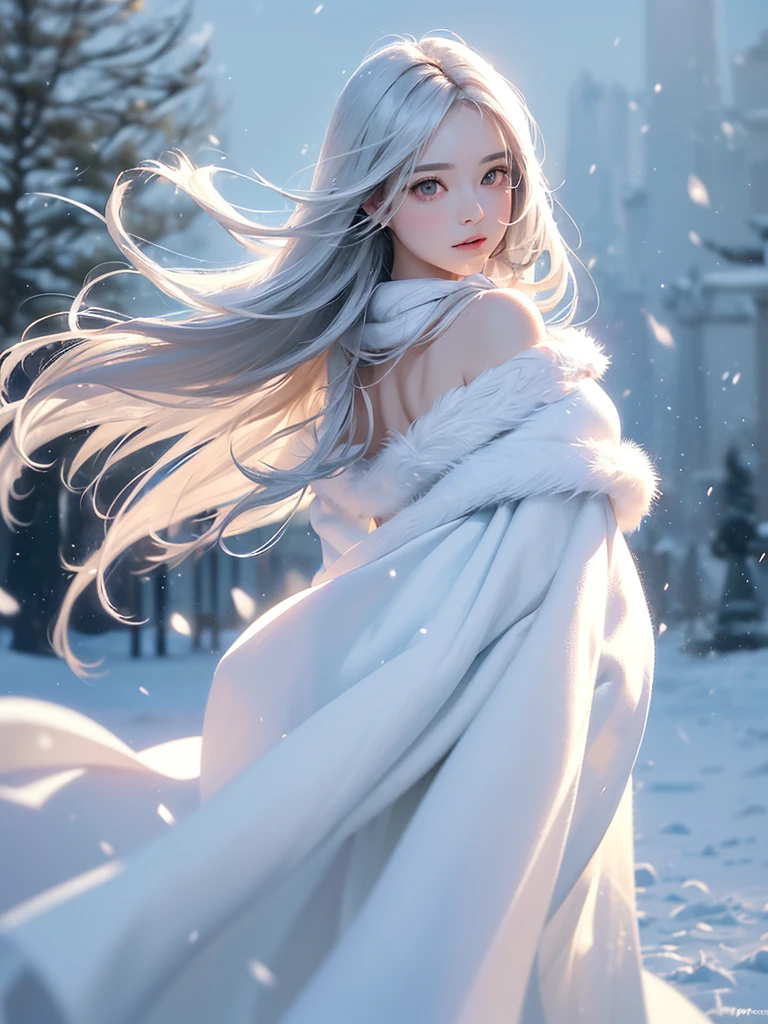 ((masterpiece:1.5、8k、Portraiture、フォトリアリスティックでVery detailedなCG、Very detailed、Particle Effects、Dynamic Effects、Shallow depth of field、Cinematic Light、Lens flare、Ray Tracing、Tabletop、Realistic:1.4、Ultra-high resolution:1.2、Realistic、Realistic))((alone、,Woman wearing a white fur coat over an off-the-shoulder sweater:1.4、wear a long scarf、Elegant woman posing、Detailed face、bright表情、young, bright, Whiter skin、Ample breasts、Best Looks、Ultimate beauty、Shiny silver hair with highlights、bright and shiny hair,、Super long, Silky straight hair、Hair dancing in the wind))(morning、The setting is outdoors in the snow、Surrounded by illuminations)