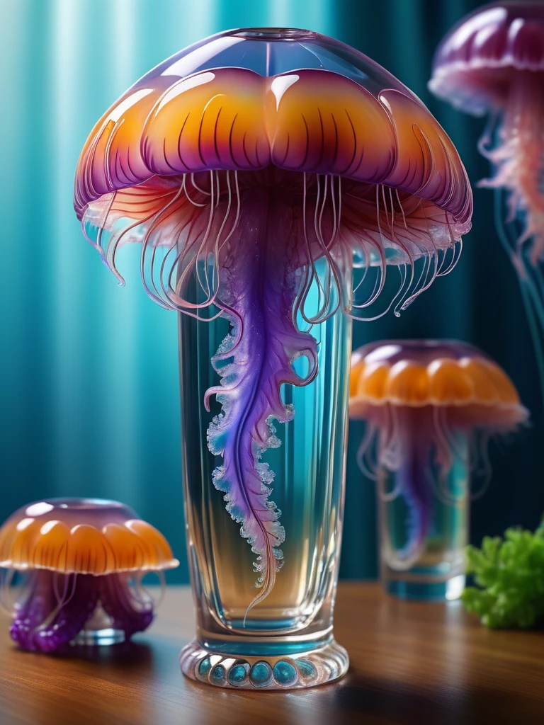 HDR, 4k, realistic photo, artistic photo, sharp focus,

A bouquet of iridescent vibrant jellyfish in an elaborate crystal vase, vivid colors, 