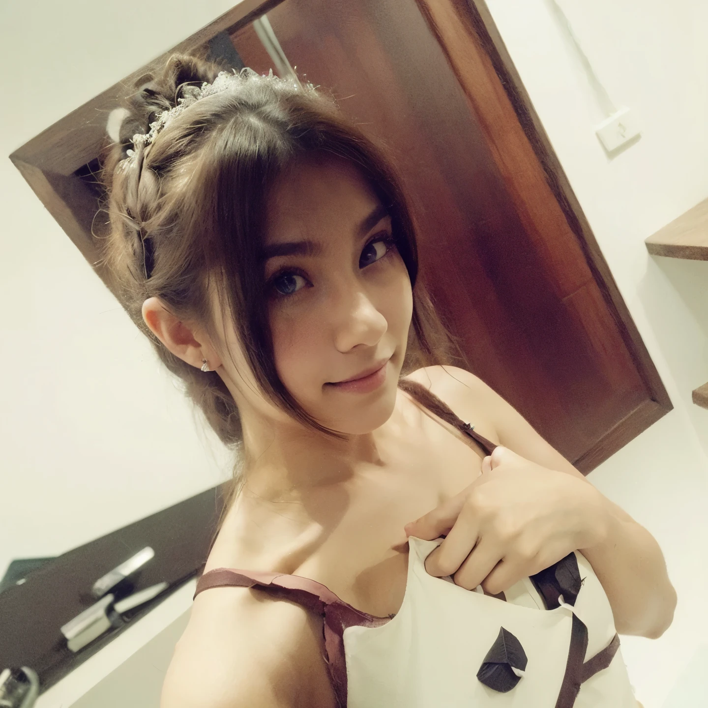 shill, long hair, chestใหญ่, earring, smile, blue eyes, tooth, Bite the lip., hair accessories, chest, realistic textures, sideways,
