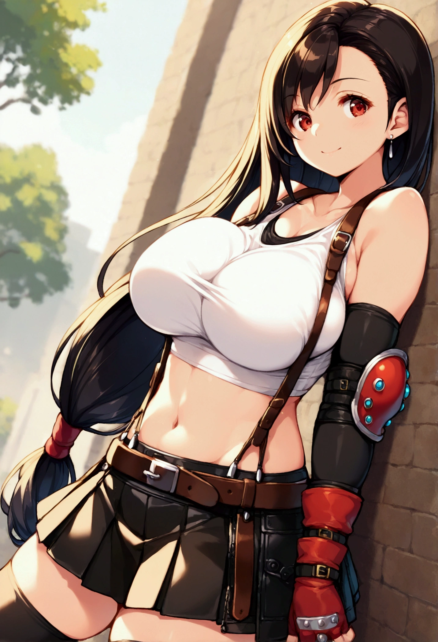 (score_9, score_8_up, score_7_up),,BREAK , ,dutch angle,,breast view, breast press,,standing,leaning on wall. upperbody,,Solo ,1girl, tifa lockhart, final fantasy, tareme,black hair, low-tied long hair, red eyes, bangs, (lace tank top, belt, transparent pleated skirt, thighhighs, elbow fingerless gloves, elbow pads, midriff, navel,suspender skirt) ,(massive_breast),(light smile),daytime,outdoor,(ultra detailed),(best quality),(aesthetic,very aesthetic),UHD,extremely detailed CG unity 8k wallpaper,depth of field,,,detailed face and eyes