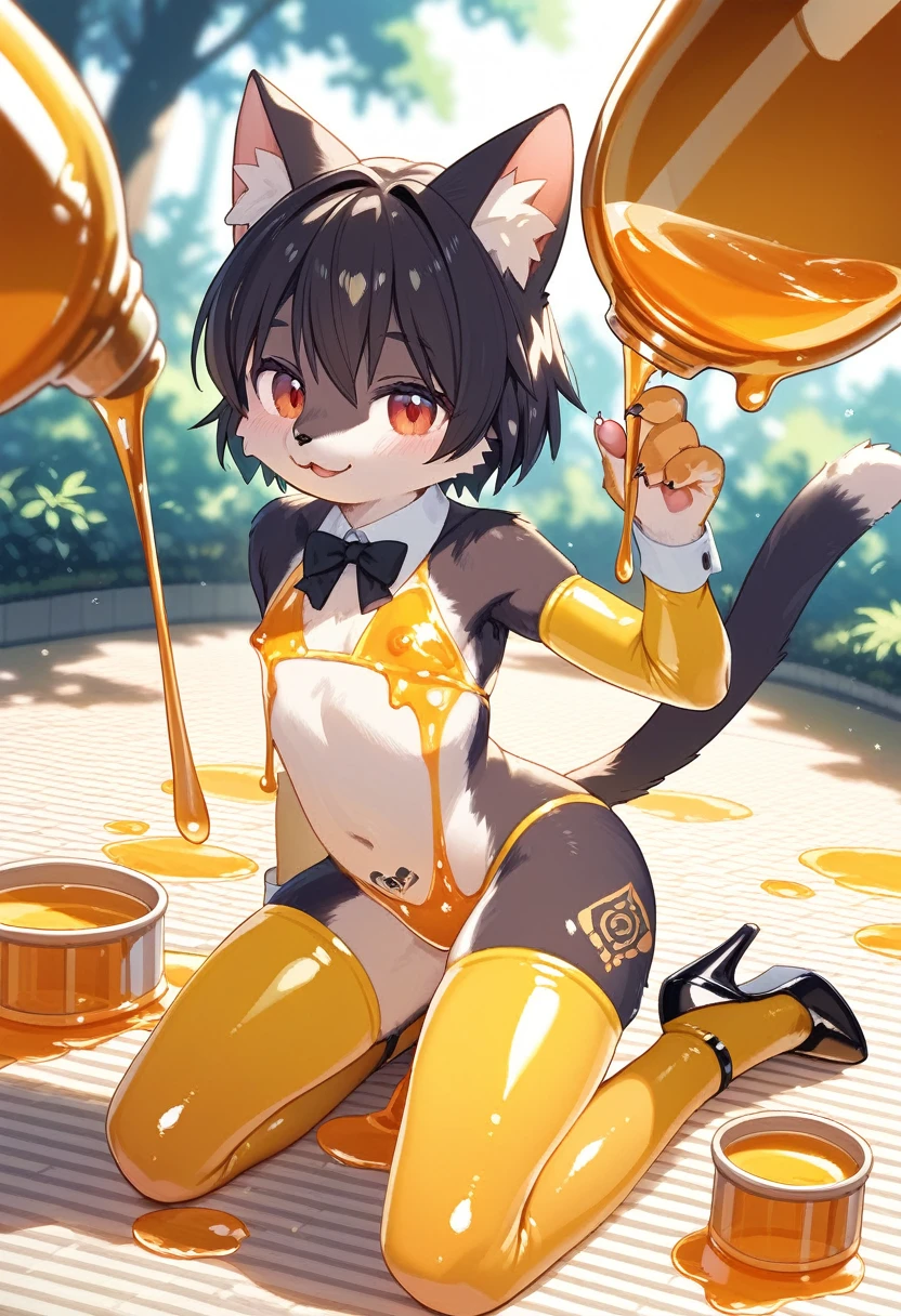 Highest quality, Highest quality, High quality illustrations, masterpiece, Ultra-high resolution, Detailed Background, honeycomb, in the forest, Absurd, Perfect Anatomy, performance, Good lighting, Shadows in the movies(kemono, Furry PersonifiCation), Cat, bee, male, Honey Skin, Honey Latex, Honey Latexスーツ, Honey Lotion, beeスーツ, beeのコスチューム, beeのコスプレ, ゴム製のbeeのしっぽ, beeの羽, Honey Pool, Honey Lotionを浴びている, Covered in honey slime, Kneeling, Tattoo, High heels, Dynamic Angle