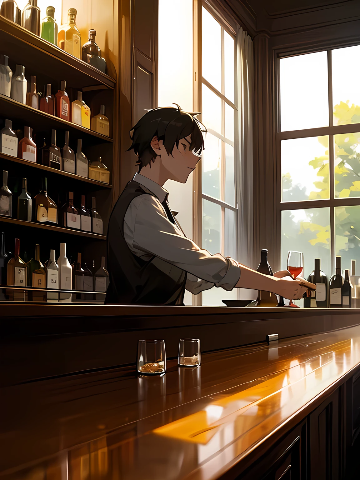 A drunk man who has had too much alcohol, many empty wine glasses, many liquor bottles, a counter bar, a morning window, sunlight, an empty image,