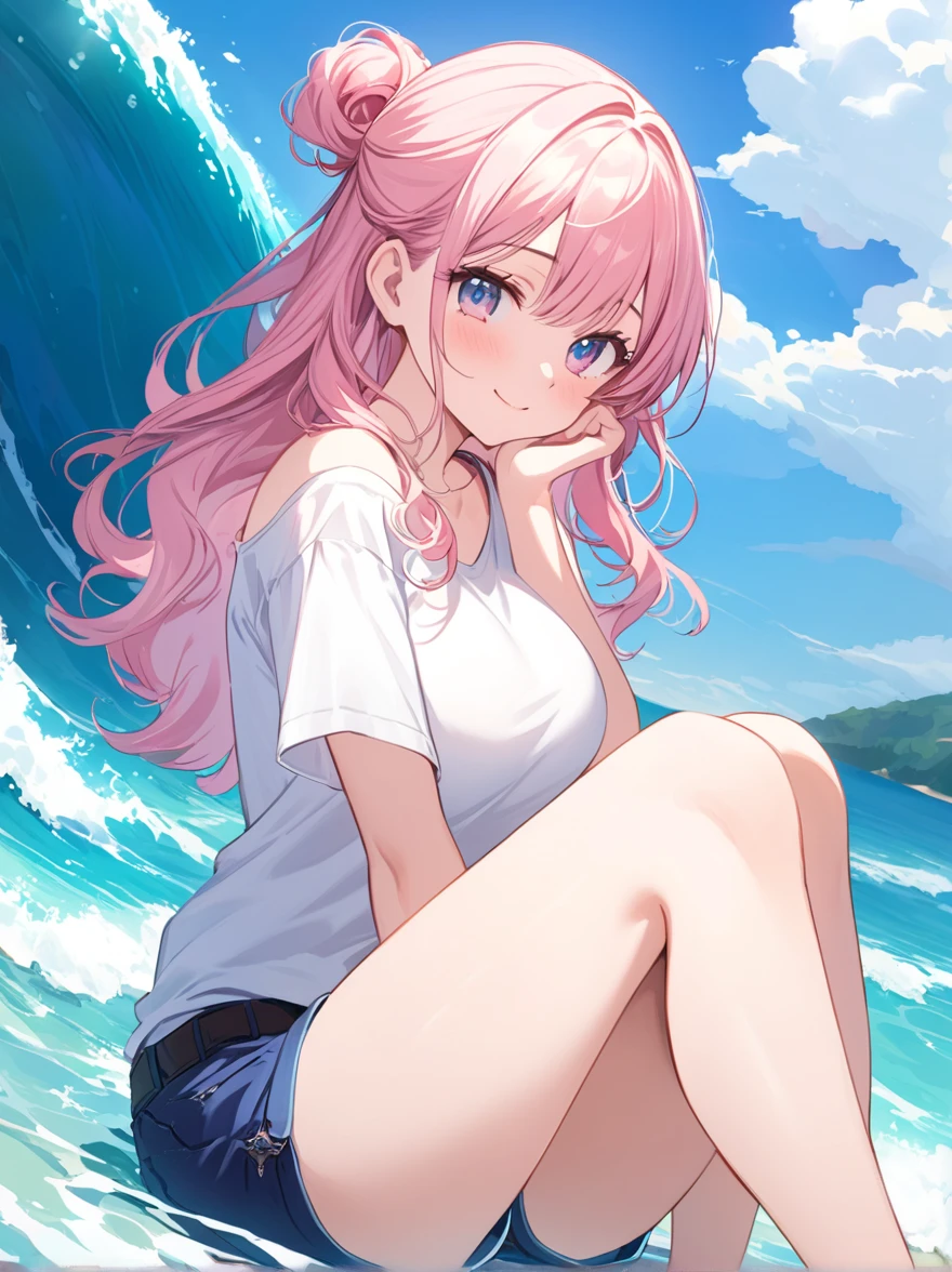Here's a masterpiece illustration prompt:
Create an official game CG poster featuring a stunningly beautiful young girl with short, light pink hair styled in a subtle messiness. Her eyes are a mesmerizing shade of red, resembling precious jewels. A gentle blush adorns her cheeks, hinting at her shy nature. Her smile is a subtle, captivating curve.
She wears a T-shirt that clings to her toned physique, emphasizing her large breasts. The garment features a pastel-colored design that complements the oceanic backdrop, which appears three-dimensional and textured. She's posed in a playful, youthful manner, with one shoulder exposed and her shorts hugging her legs.
The illustration should boast highest-quality, detailed coloring, with a focus on artistic beauty and visual appeal. The overall atmosphere should evoke a sense of wonder and enchantment, as if the viewer has stumbled upon a hidden treasure beneath the waves.