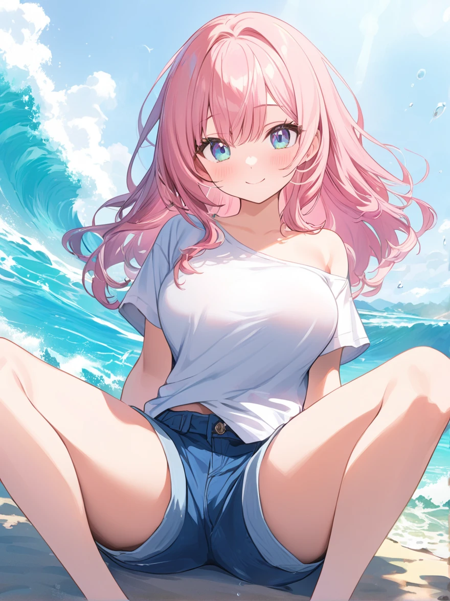 Here's a masterpiece illustration prompt:
Create an official game CG poster featuring a stunningly beautiful young girl with short, light pink hair styled in a subtle messiness. Her eyes are a mesmerizing shade of red, resembling precious jewels. A gentle blush adorns her cheeks, hinting at her shy nature. Her smile is a subtle, captivating curve.
She wears a T-shirt that clings to her toned physique, emphasizing her large breasts. The garment features a pastel-colored design that complements the oceanic backdrop, which appears three-dimensional and textured. She's posed in a playful, youthful manner, with one shoulder exposed and her shorts hugging her legs.
The illustration should boast highest-quality, detailed coloring, with a focus on artistic beauty and visual appeal. The overall atmosphere should evoke a sense of wonder and enchantment, as if the viewer has stumbled upon a hidden treasure beneath the waves.