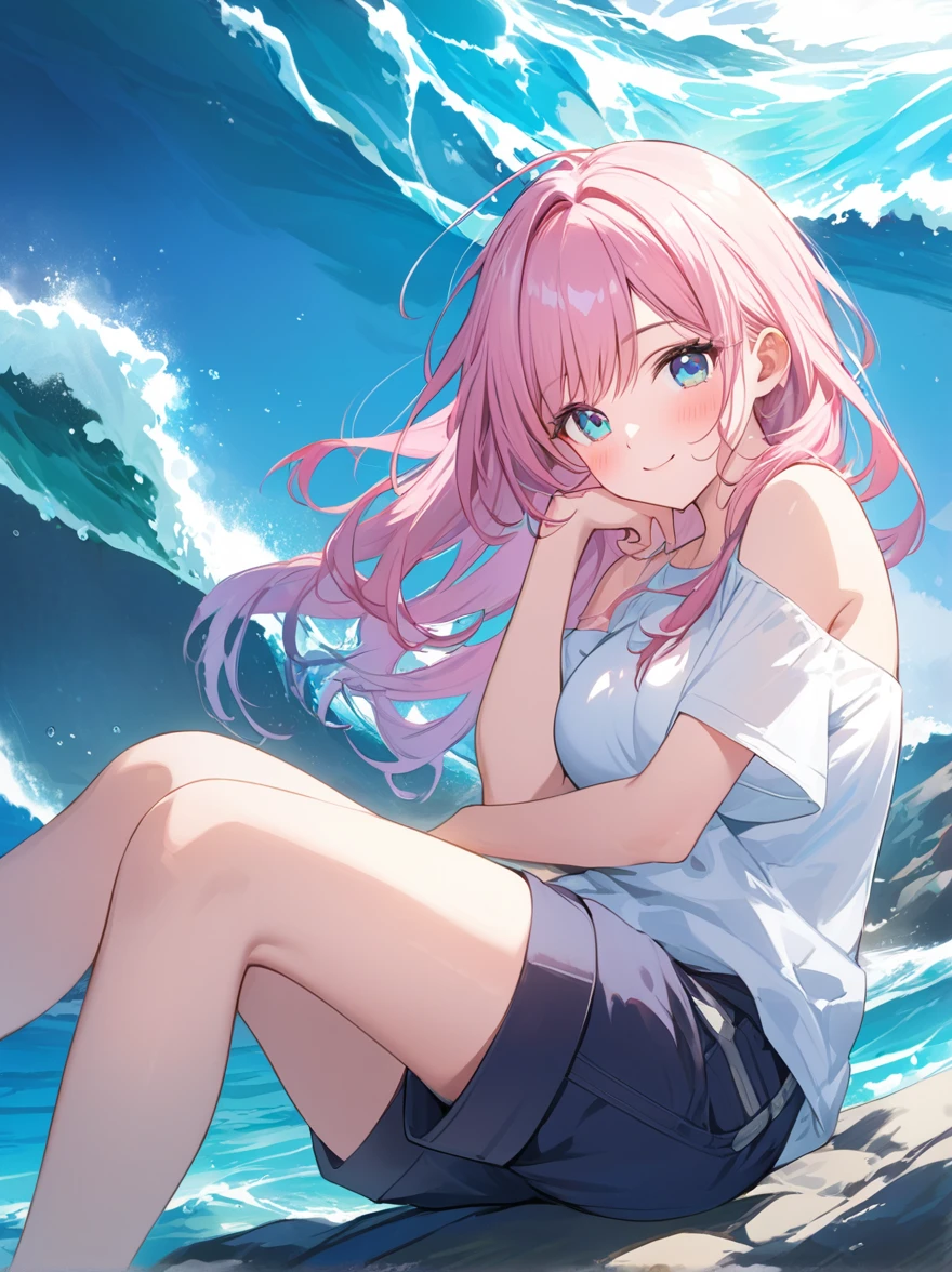 Here's a masterpiece illustration prompt:

Create an official game CG poster featuring a stunningly beautiful young girl with short, light pink hair styled in a subtle messiness. Her eyes are a mesmerizing shade of red, resembling precious jewels. A gentle blush adorns her cheeks, hinting at her shy nature. Her smile is a subtle, captivating curve.

She wears a T-shirt that clings to her toned physique, emphasizing her large breasts. The garment features a pastel-colored design that complements the oceanic backdrop, which appears three-dimensional and textured. She's posed in a playful, youthful manner, with one shoulder exposed and her shorts hugging her legs.

The illustration should boast highest-quality, detailed coloring, with a focus on artistic beauty and visual appeal. The overall atmosphere should evoke a sense of wonder and enchantment, as if the viewer has stumbled upon a hidden treasure beneath the waves.
