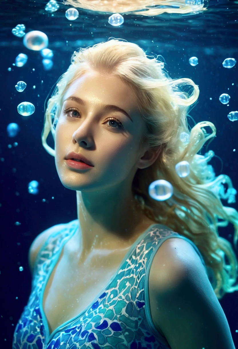 Beautiful underwater made of light, (Beautiful blonde woman made of light looking into camera lens underwater_Hair floating on water, amazing atmosphere surrounded by many bubbles in water), (Realistic facial details, flowing in water hair floating along), glowing marine life underwater, high resolution, high details, 8k, glowing underwater effect,
