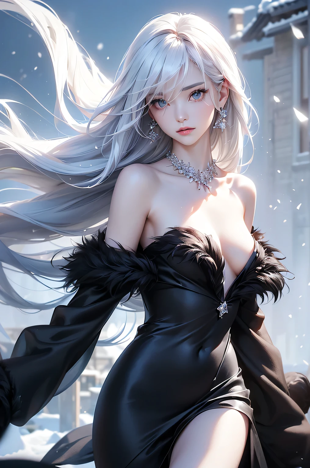 ((masterpiece:1.5、8k、Tabletop、Photorealistic and very detailed CG、Very detailed、Particle Effects、Dynamic Effects、Shallow depth of field、Cinematic Light、Lens flare、Ray Tracing、Tabletop、Realistic:1.4、Ultra-high resolution:1.2、Realistic、Realistic))((alone、,A woman wearing a black fur coat over an off-the-shoulder knitted sweater:1.4、Elegant woman posing、Detailed face、brightexpression、young, bright, Whiter skin、Medium chest、Beautiful cleavage、Best Looks、ASİAN、Ultimate beauty、bright and shiny hair,、Super long, Silky straight hair、Hair dancing in the wind))(morning、The setting is outdoors in the snow、Crystal of snow)((shiny white hair))
