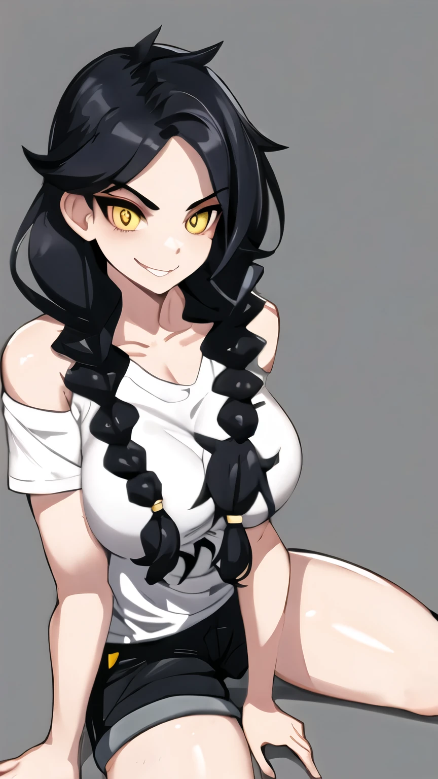 1girl, solo, ultra long hair, looking at viewer, black hair, bandaid on face, yellow eyes, smile, bandaid on nose, braid, bandaid, ultra detailed face, masterpiece, bangs, breasts, bare shoulders, scar, shirt, bare shoulders, white shirt, short sleeves, closed mouth, t-shirt, hair over one eye, portrait, bag, hair over shoulder, shorts, fullbody shot, cute, messy hair