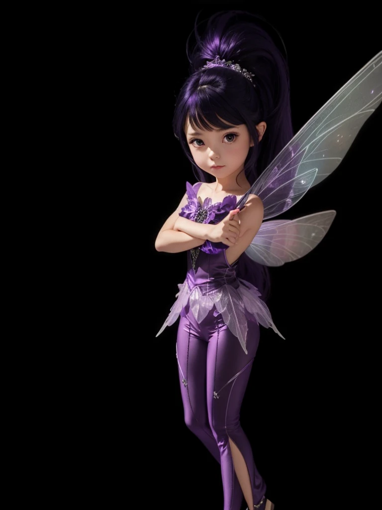 A beautiful fairy with purple outfit set, with light purple wings, black hair shiny purple