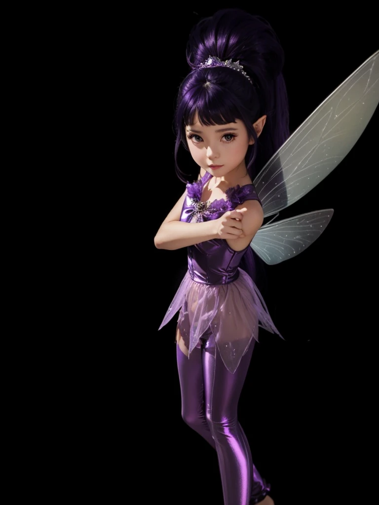 A beautiful fairy with purple outfit set, with light purple wings, black hair shiny purple