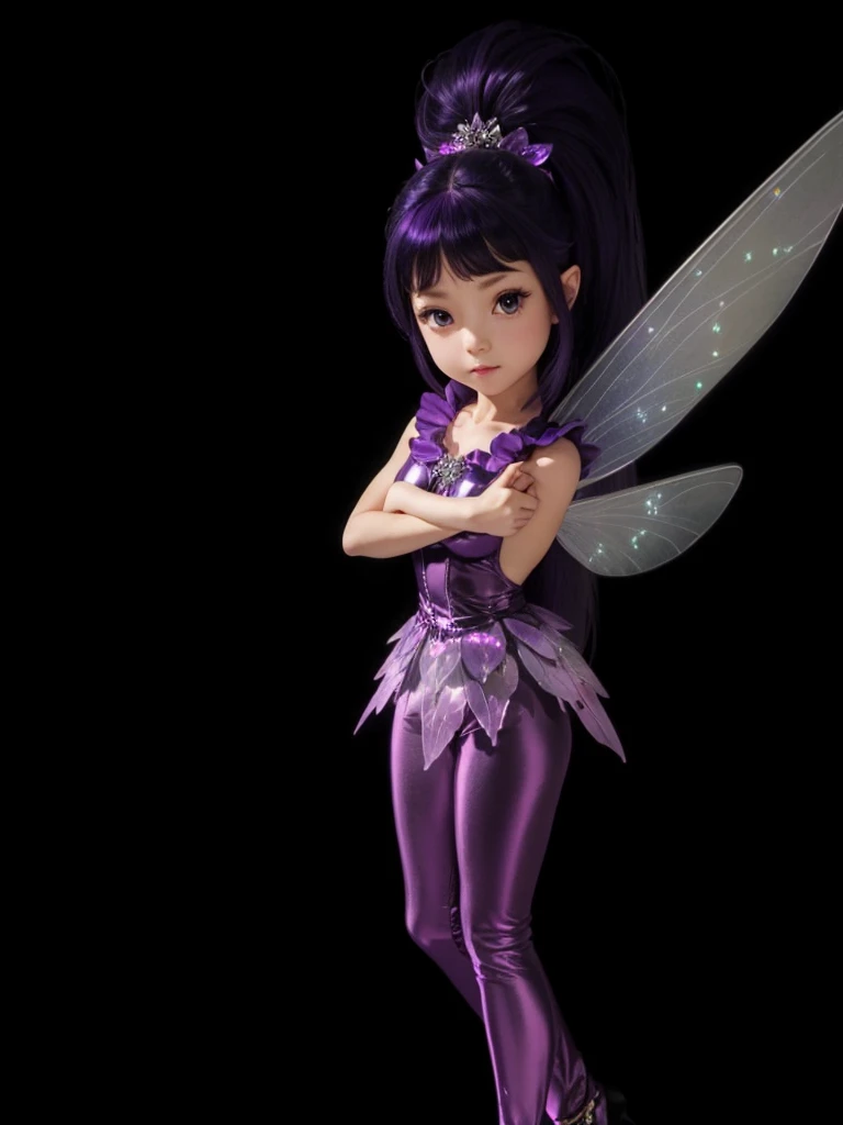 A beautiful fairy with purple outfit set, with light purple wings, black hair shiny purple