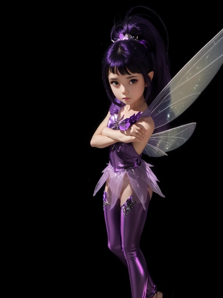 A beautiful fairy with purple outfit set, with light purple wings, black hair shiny purple