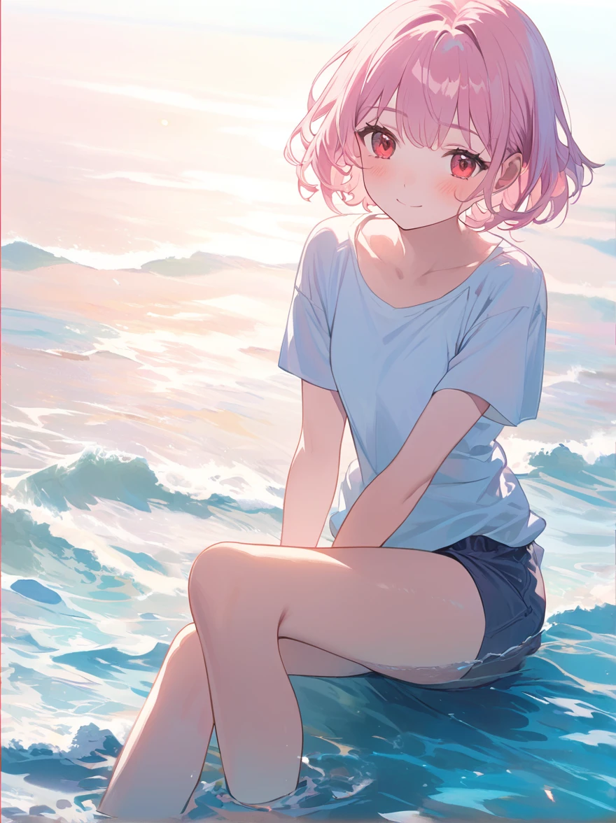 Here's a masterpiece illustration prompt:
A radiant, light pink-haired girl with jewel-like red eyes and a shy smile sits demurely on the edge of an ocean's tranquil waters. Her short hair is styled in effortless waves, framing her heart-shaped face. A gentle blush rises from her porcelain skin as she gazes down at the waves, her one-shouldered T-shirt clinging to her young physique. Her shorts are a perfect fit, showcasing toned legs. The scene is bathed in soft pastel hues, with subtle shading and highlights that evoke a sense of serenity. The highest quality, official illustration features detailed coloring, with three-dimensional textures that give the subject depth and dimensionality.