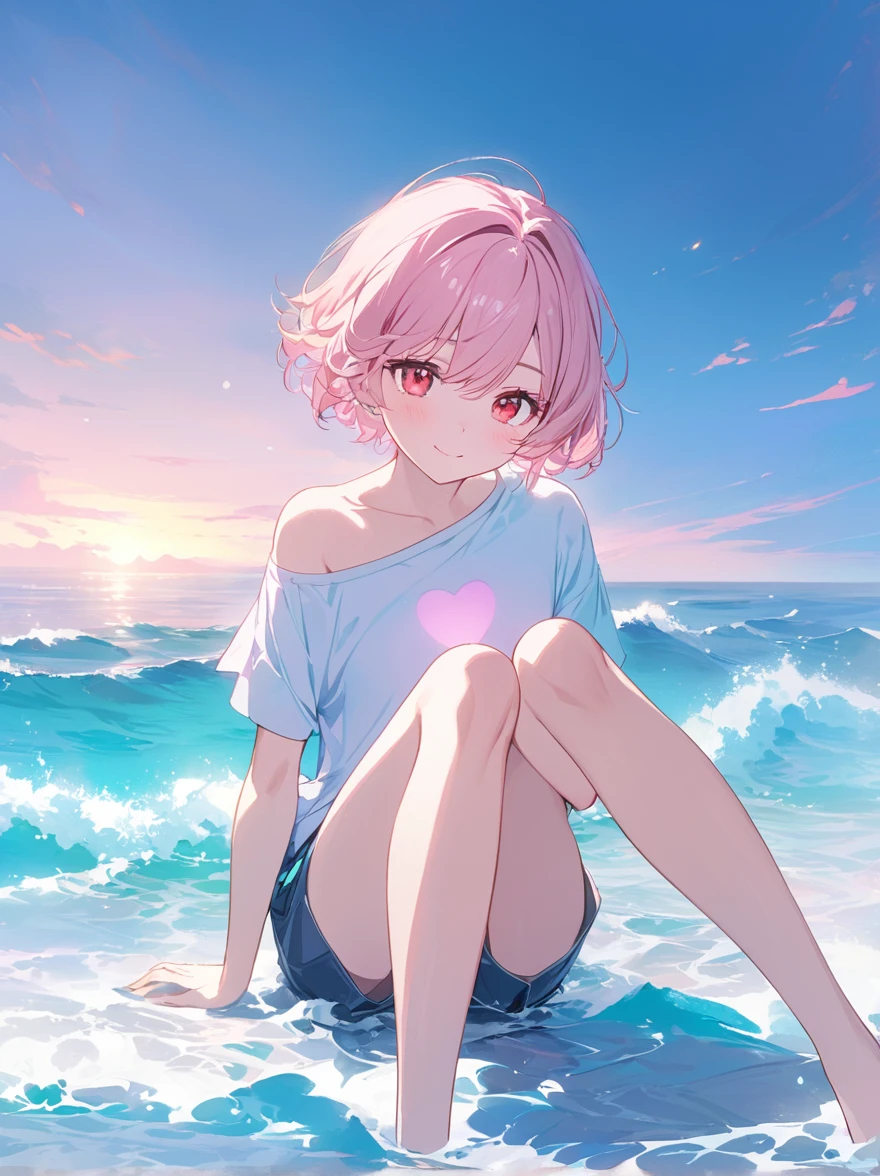Here's a masterpiece illustration prompt:

A radiant, light pink-haired girl with jewel-like red eyes and a shy smile sits demurely on the edge of an ocean's tranquil waters. Her short hair is styled in effortless waves, framing her heart-shaped face. A gentle blush rises from her porcelain skin as she gazes down at the waves, her one-shouldered T-shirt clinging to her young physique. Her shorts are a perfect fit, showcasing toned legs. The scene is bathed in soft pastel hues, with subtle shading and highlights that evoke a sense of serenity. The highest quality, official illustration features detailed coloring, with three-dimensional textures that give the subject depth and dimensionality.