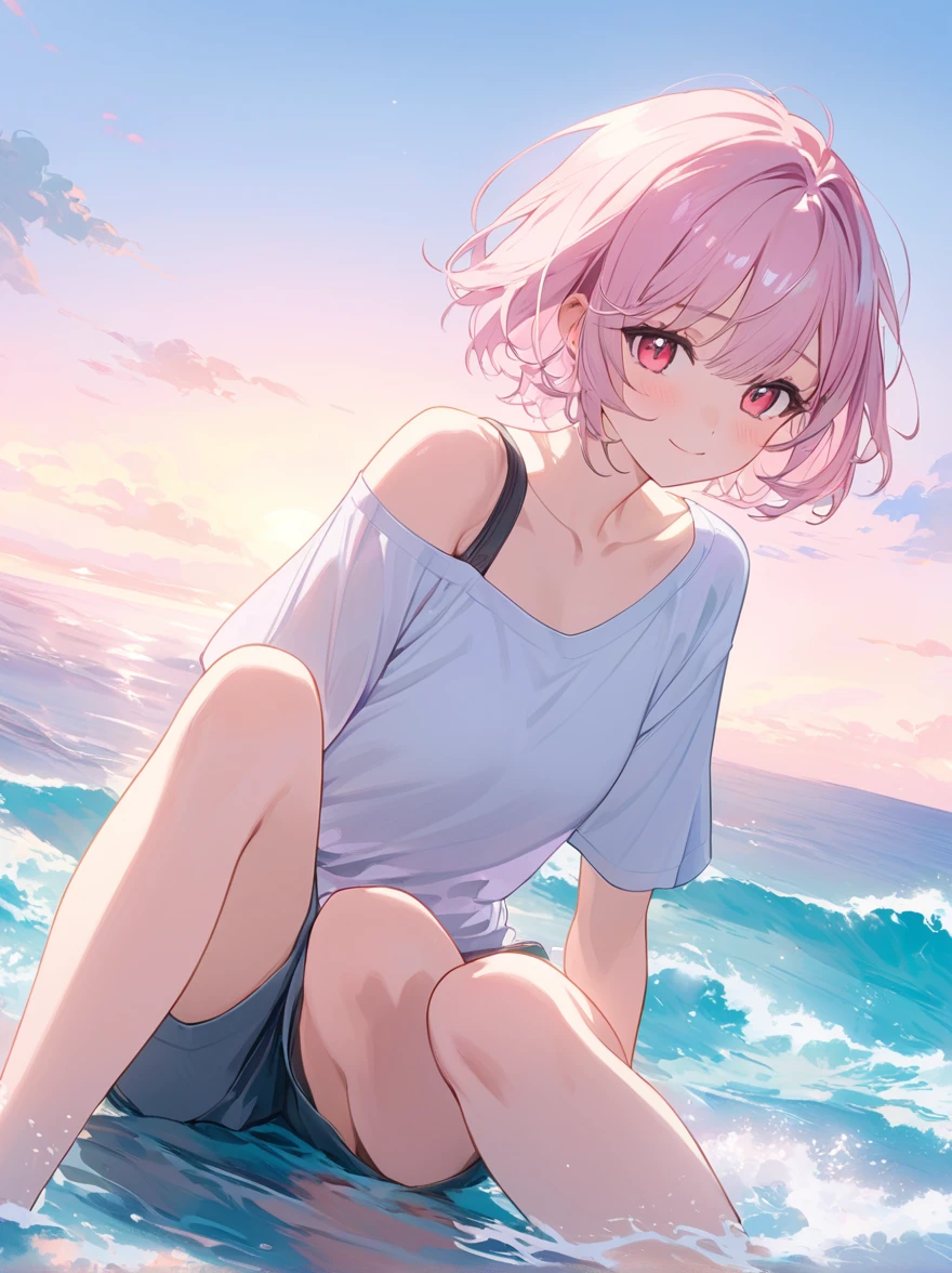 Here's a masterpiece illustration prompt:
A radiant, light pink-haired girl with jewel-like red eyes and a shy smile sits demurely on the edge of an ocean's tranquil waters. Her short hair is styled in effortless waves, framing her heart-shaped face. A gentle blush rises from her porcelain skin as she gazes down at the waves, her one-shouldered T-shirt clinging to her young physique. Her shorts are a perfect fit, showcasing toned legs. The scene is bathed in soft pastel hues, with subtle shading and highlights that evoke a sense of serenity. The highest quality, official illustration features detailed coloring, with three-dimensional textures that give the subject depth and dimensionality.