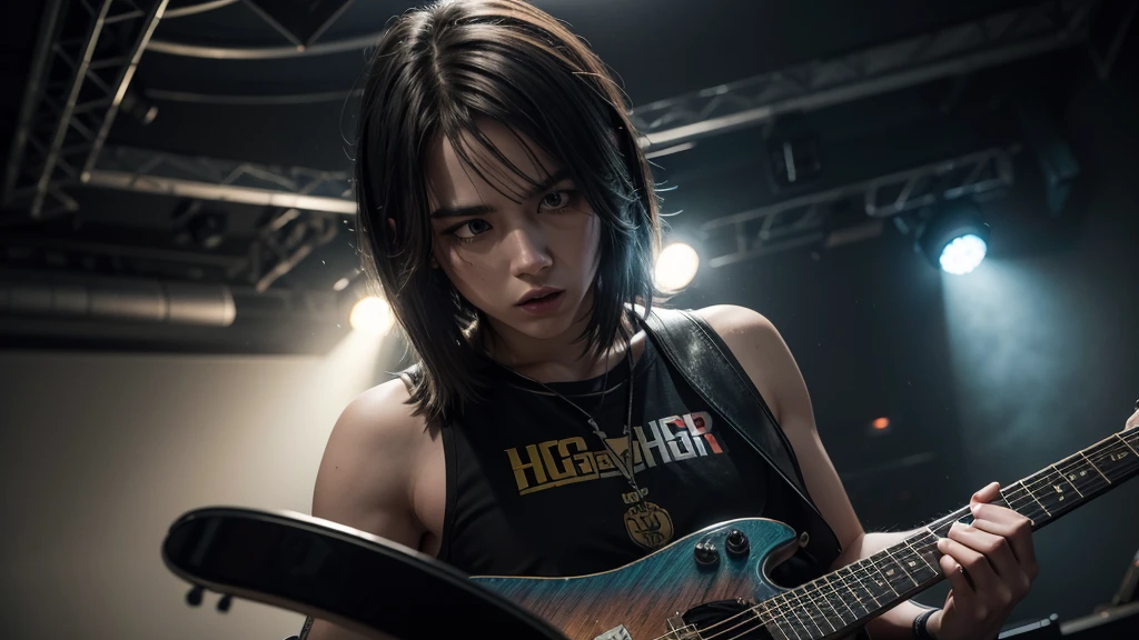 a detailed digital painting of a guitar hero player, hyperrealistic, dramatic lighting, sharp focus, highly detailed, incredibly realistic, volumetric lighting, intricate details, photorealistic, extremely detailed, masterpiece, octane render, 8k, hyper-detailed, vibrant colors, cinematic composition, dramatic pose, intense expression, electric guitar, video game character, stage performance, spotlight, smoke effects, rock concert