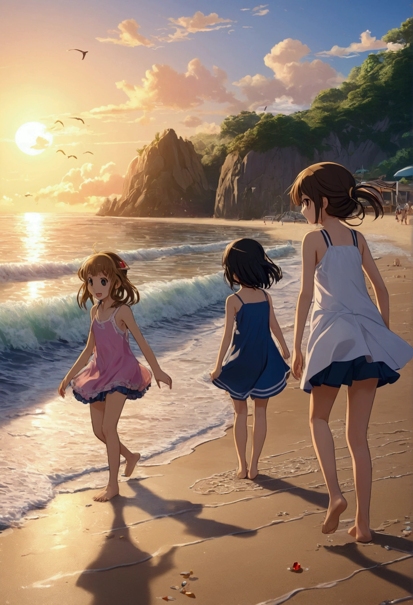8 year old anime girls playing at the beach 