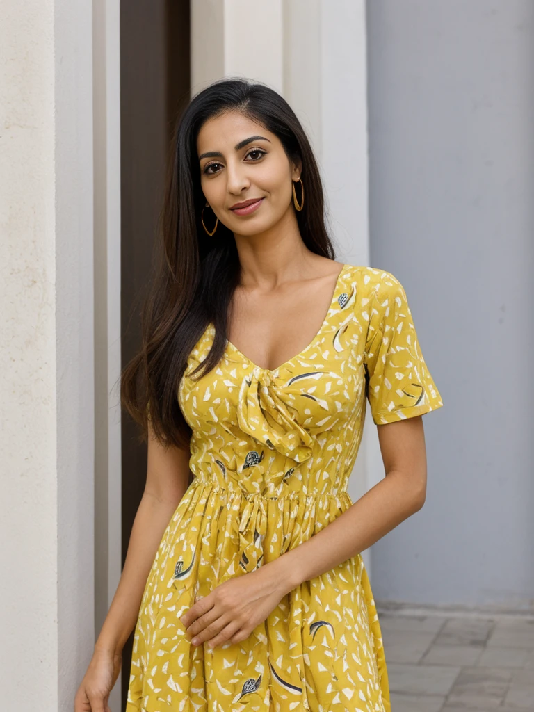 Rania, 1girl, solo, ((Egyptian woman)), consistent face and body, ((MILF)), ((30 years old)), (mature), ((slim)), ((Egyptian face)), (Egyptian nose), (Egyptian lips), ((long straight hair)), upper body and upper legs, (background: Burj Al Arab), BREAK, (wearing yellow printed pring dress), smirking, teasing