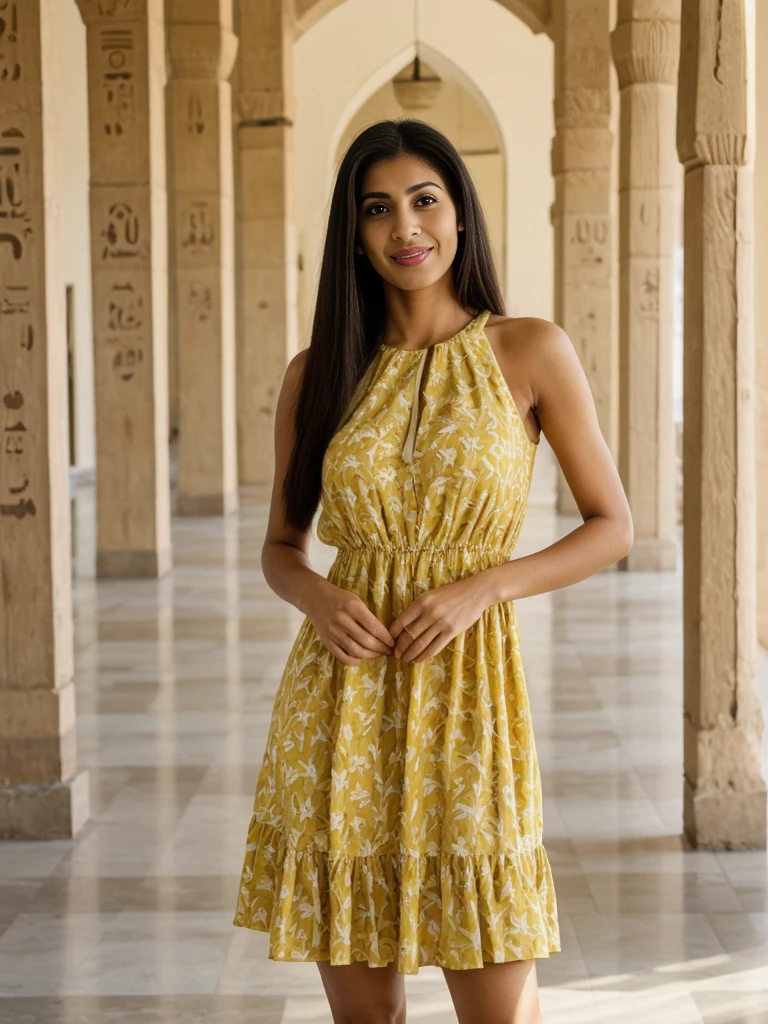 Rania, 1girl, solo, ((Egyptian woman)), consistent face and body, ((MILF)), ((30 years old)), (mature), ((slim)), ((Egyptian face)), (Egyptian nose), (Egyptian lips), ((long straight hair)), upper body and upper legs, (background: Burj Al Arab), BREAK, (wearing yellow printed pring dress), smirking, teasing