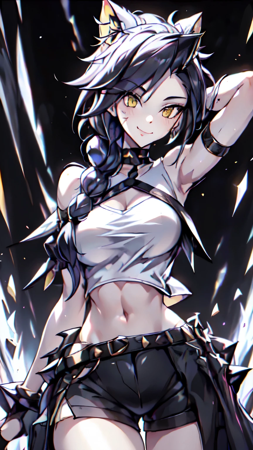 1girl, solo, ultra long hair, looking at viewer, black hair, bandaid on face, yellow eyes, smile, bandaid on nose, braid, bandaid, ultra detailed face, masterpiece, bangs, breasts, bare shoulders, scar, shirt, bare shoulders, white shirt, short sleeves, closed mouth, t-shirt, hair over one eye, portrait, bag, hair over shoulder, shorts, fullbody shot, cute, messy hair