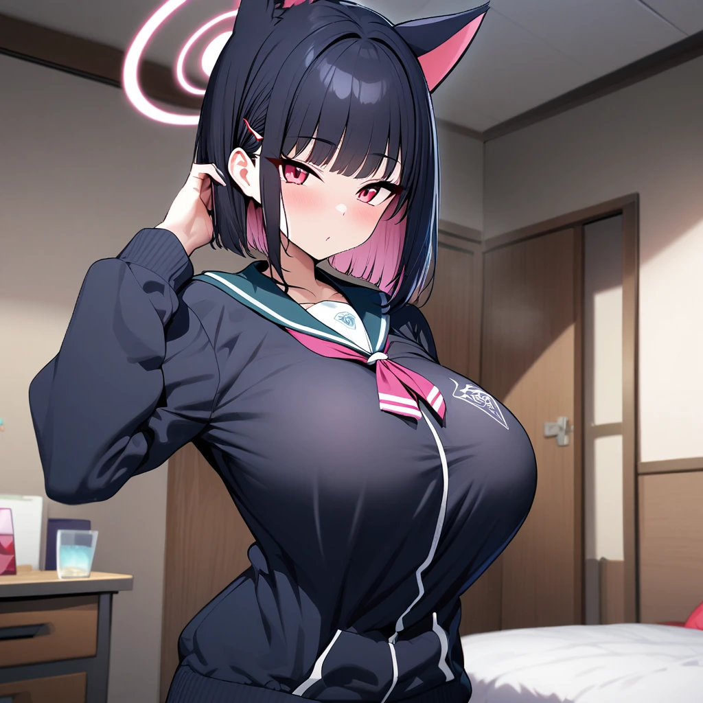 kazusa(blue archive),1girl,solo,cat ears,super huge breasts,looking at viewer,near,standing up,in room