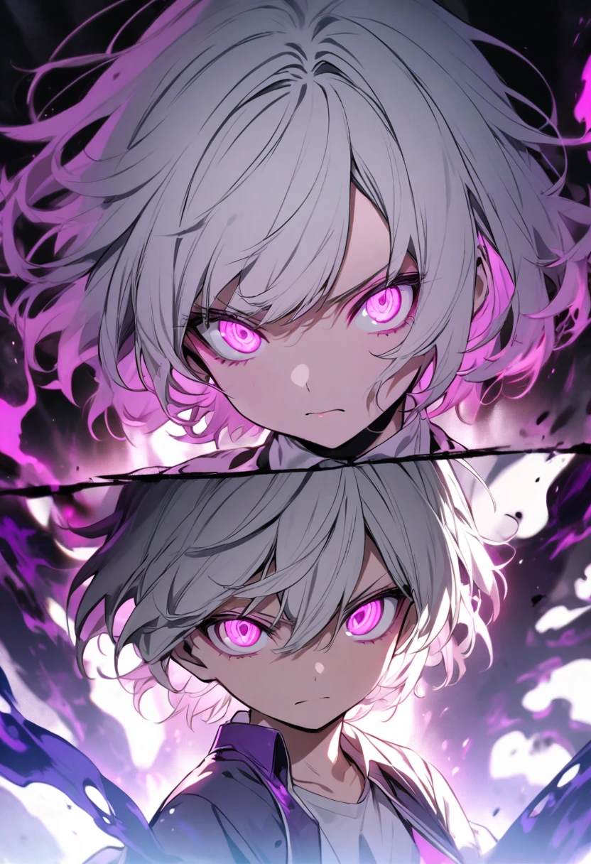 children, young, dark aura, boy, white hair, short hair, two colors eyes, one purple eyes, one pink eyes, glowing eyes