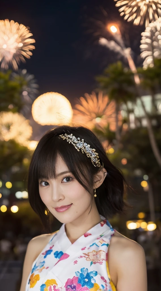 ((masterpiece(:1.4)，Highest quality，Ultra-high resolution，Highest quality，8k，Extremely detailed，In detail))。night，Fireworks display，Summer festival，Opening a store，Two Girls，Female college student，Twin sisters，cute，Clear，(Fireworks displayのnightに河川敷で花火を背景にしたスナップ写真)，Hyper Quality