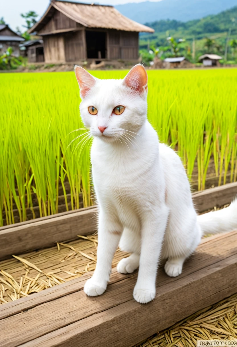 Description: In front of a small house、Nyanjiro, a young white cat, is working in the rice fields。family（Mother cat and sibling cats）working together nearby。
background: Idyllic countryside、The house is an old wooden house。
Color: Bright sunny warm tones。
expression: Nyanjiro works hard but still has a smile on his face。
clothing: Nyanjiro is wearing a small farmer&#39;s work clothes。