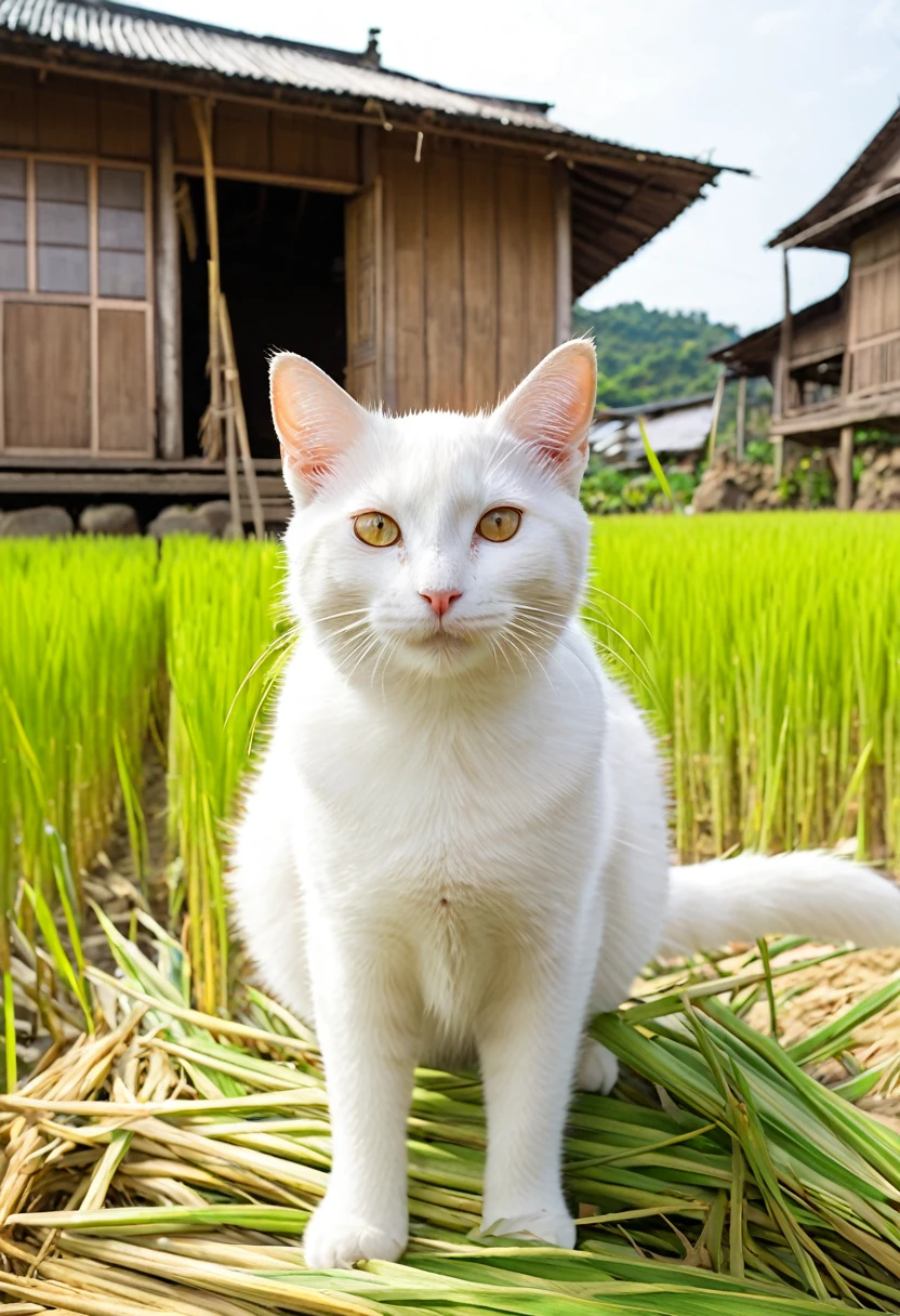 Description: In front of a small house、Nyanjiro, a young white cat, is working in the rice fields。family（Mother cat and sibling cats）working together nearby。
background: Idyllic countryside、The house is an old wooden house。
Color: Bright sunny warm tones。
expression: Nyanjiro works hard but still has a smile on his face。
clothing: Nyanjiro is wearing a small farmer&#39;s work clothes。