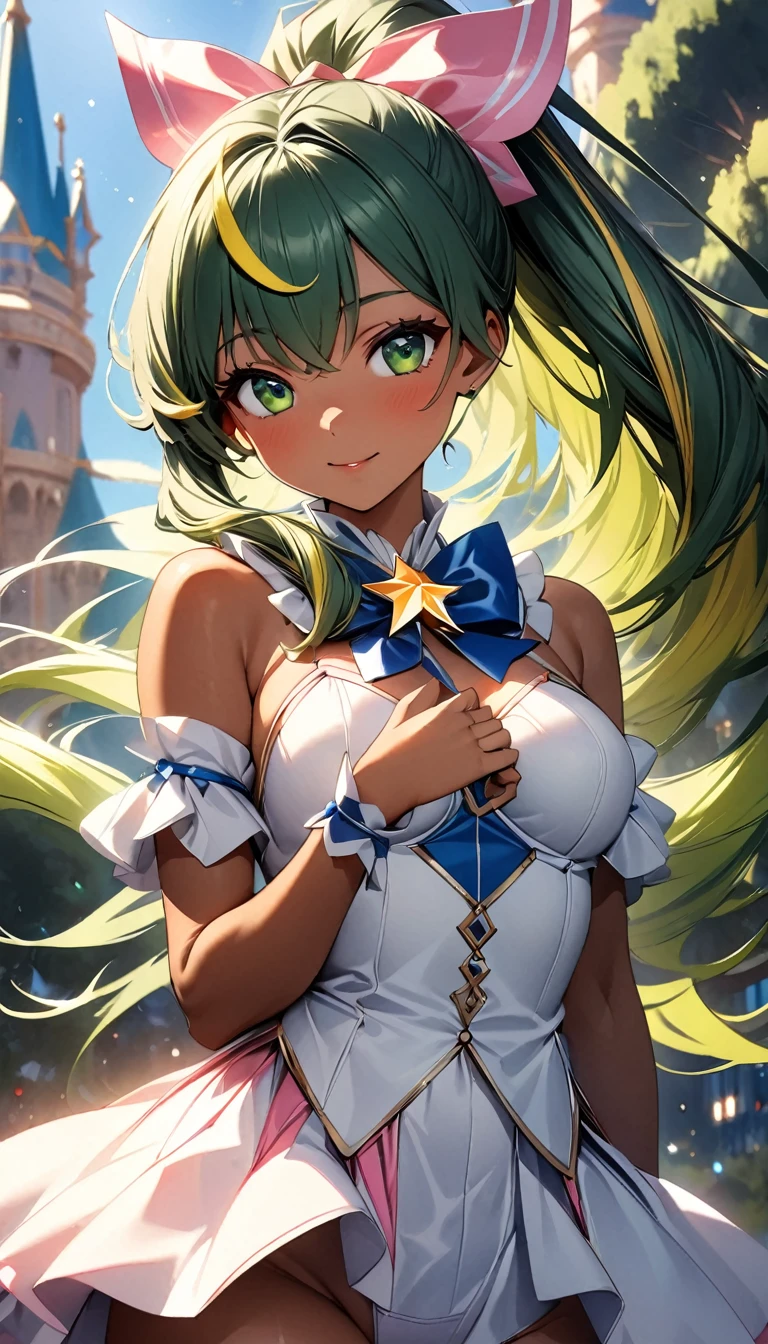 (highest quality:1.2, Very detailed, up to date, Vibrant, Ultra-high resolution, High Contrast, masterpiece:1.2, highest quality, Best aesthetics), Portraiture、solo, girl、(slim:1), (25-years-old:1.6), sexy magical girl, ((holding a stick on hand, shinning star at the top of stick:1.5)), in magic kingdom, (sunshine), Bright colors、Beautiful fine details、Beautiful lip detail、long hair、ponytail, white and yellow green ((streaked hair:1.6)), highlights hair: 1.5, (medium breast:1) , (tan skin:0.9), cute pose, ((cowboy shot:1))