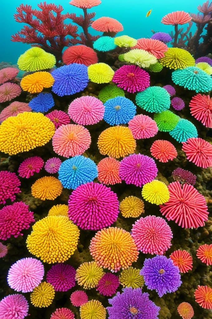 there are many different colored flowers that are growing on the coral, a microscopic photo by Anna Haifisch, pexels, psychedelic art, colorful coral, vibrant corals, beautiful colorful corals, harmony of neon glowing coral, coral underwater colorful, radiating atomic neon corals, corals, rainbow corals, beautiful colorful, underwater soft colours, coral