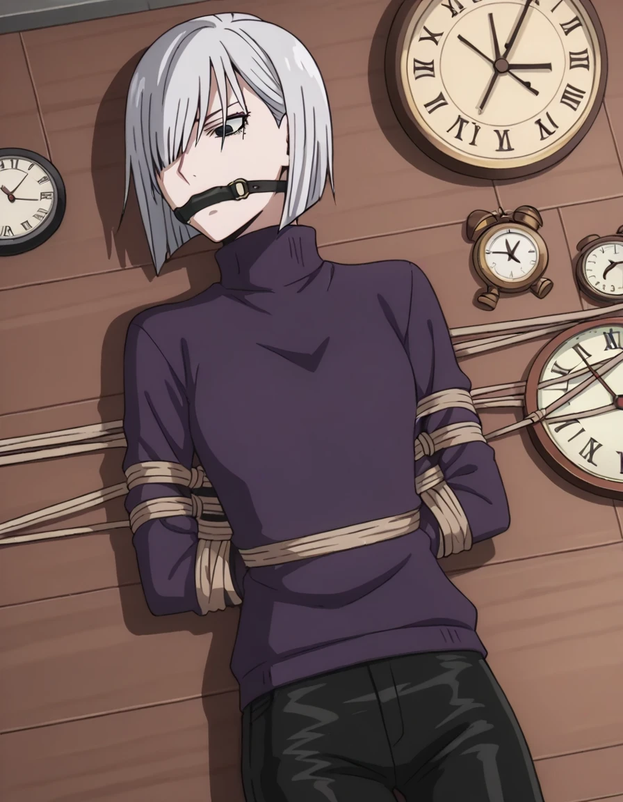 score_9, score_8_superior, score_7_superior, sauce_anime,
Fiona Frost, Fiona Frost, Gray Hair, short hair, Hair on one eye, Grey Eyes,
Long sleeve, pants, sweater, turtleneck, black pants, clock, turtleneck sweater, wristclock, purple sweater,
indoor,Tied up with rope,gag,Lying down,Struggling,