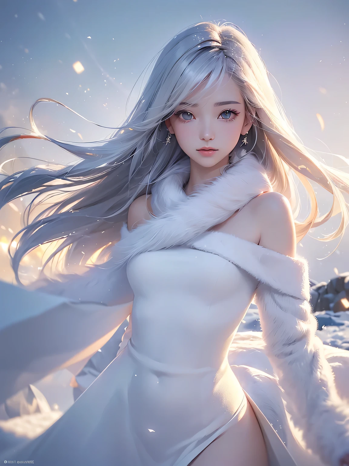 ((masterpiece:1.5、8k、Portraiture、Photorealistic and very detailed CG、Very detailed、Particle Effects、Dynamic Effects、Shallow depth of field、Cinematic Light、Lens flare、Ray Tracing、Tabletop、Realistic:1.4、Ultra-high resolution:1.2、Realistic、Realistic))((alone、,Woman wearing a white fur coat over an off-the-shoulder sweater:1.4、wear a long scarf、Elegant woman posing、Detailed face、brightexpression、young, bright, Whiter skin、Ample breasts、Best Looks、Ultimate beauty、Shiny silver hair with highlights、bright and shiny hair,、Super long, Silky straight hair、Hair dancing in the wind))(morning、The setting is outdoors in the snow、Surrounded by illuminations)