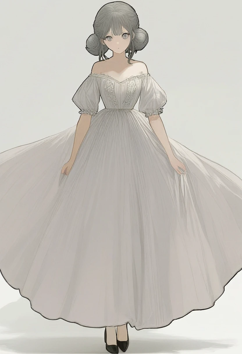 score_9, score_8_up, score_7_up, score_6_up, Character concept art of a pale skinned woman, skinny, grey eyes, bun hair, white dress, fashionable, thick outlines, line weight, high detail, white background, high detail establishing shot. cinematic, use of color theory and contrasting shadow tints.
