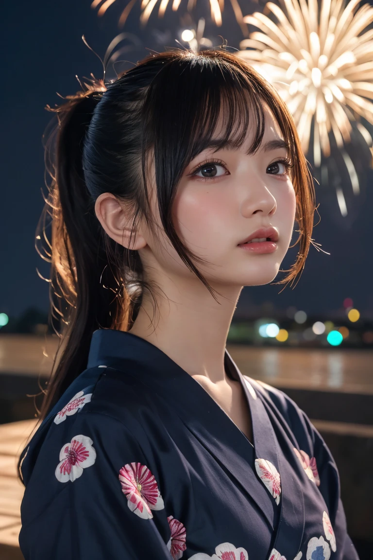 Highest quality, The finer details, (Beautiful single girl))), Highly detailed eyes and face, firework, yukata, looking up at firework, ponytail, Large tear bags, double eyelid