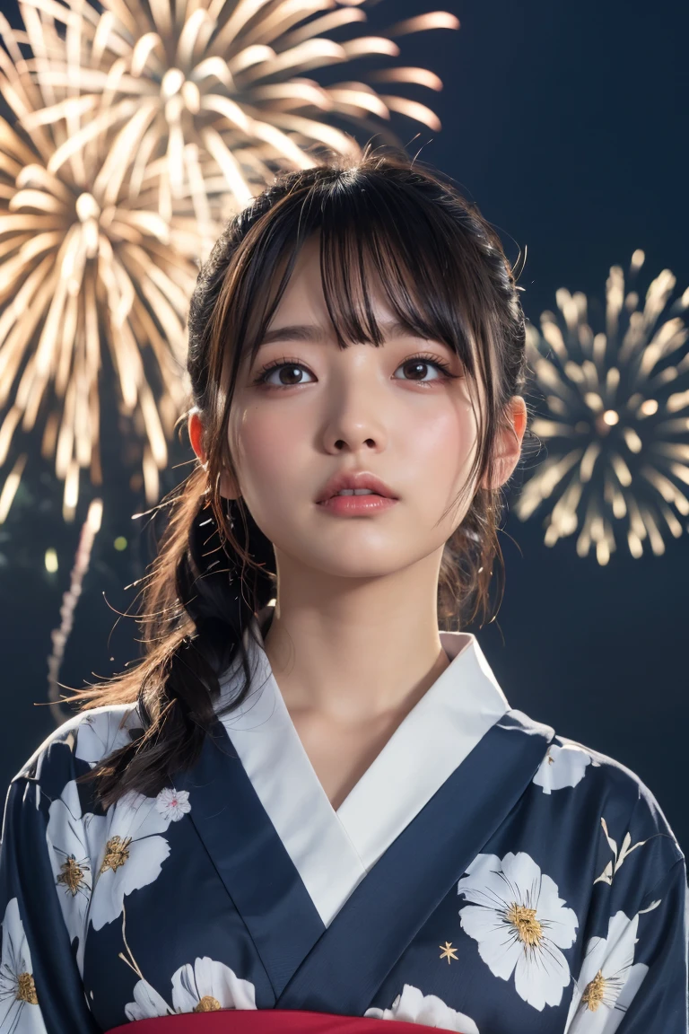 Highest quality, The finer details, (Beautiful single girl))), Highly detailed eyes and face, firework, yukata, looking up at firework, ponytail, Large tear bags, double eyelid