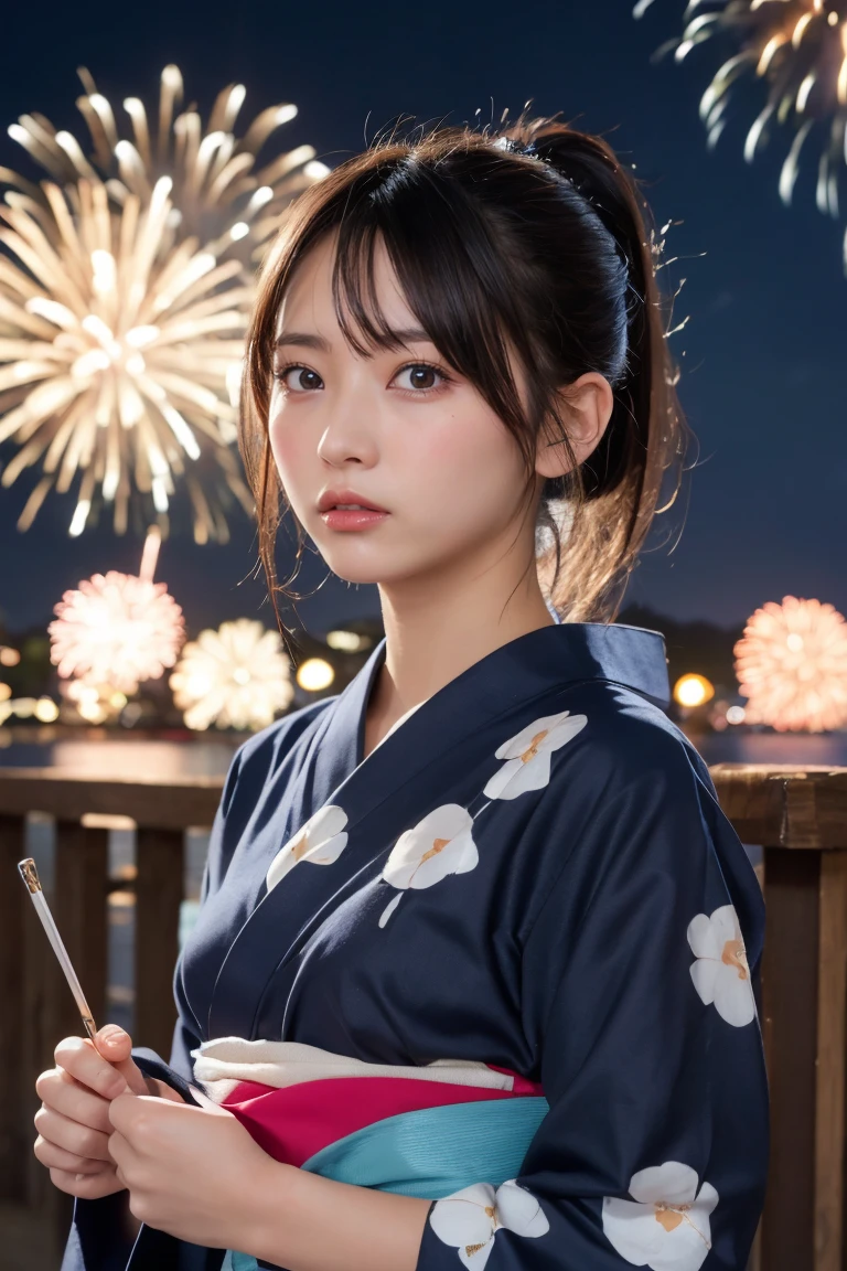 Highest quality, The finer details, (Beautiful single girl))), Highly detailed eyes and face, firework, yukata, looking up at firework, ponytail, Large tear bags, double eyelid