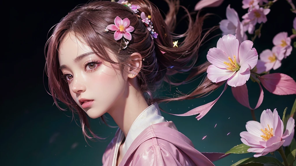 One girl, alone, flower畑, flower, (Official Art, unity 8k wallpaper, Super detailed, beautifully、aesthetic, masterpiece ,Highest quality:1.3), (Dynamic Angle:1.2), (Floating colorful sparkles:1) , elegant, Vibrant colors, Highly detailed face, Detailed eyes, Glowing Skin, Glossy Lips ,