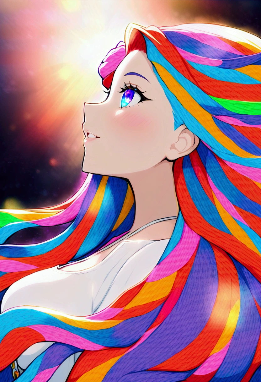 {{masterpiece}}, Best quality, чрезвычайно подробные обои CG Unity 8k, cinematic lighting, lens flare, beautiful detailed eyes, black,  side view,  multicolored hair, colorful light, particles, heterochromia, (colorful:1.5), (colorful hair:1.5), neckline, big breasts